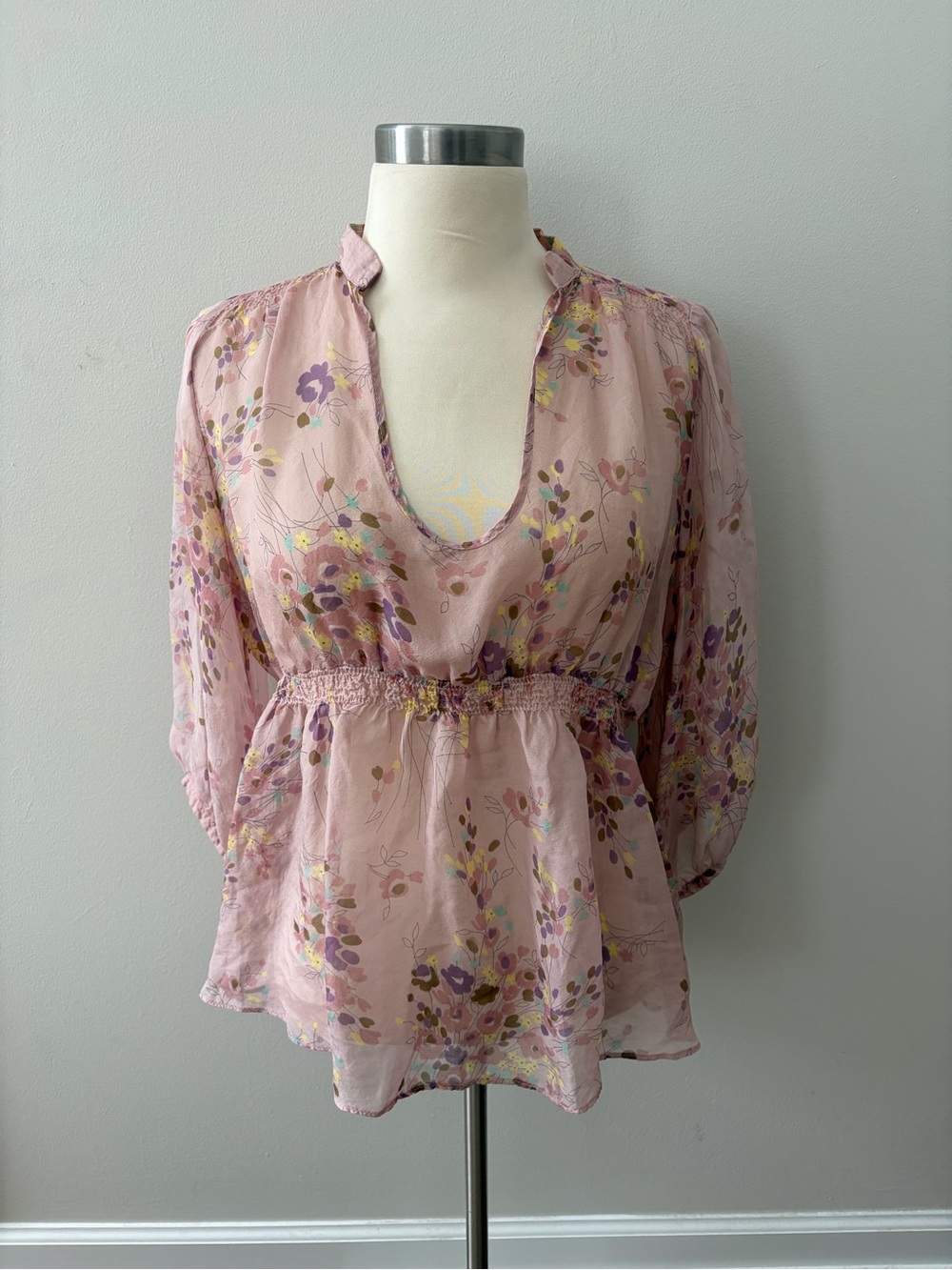 Zara Light Pink Floral Deep V Peplum Silk Blouse Sz L Romantic Fairy Coquette